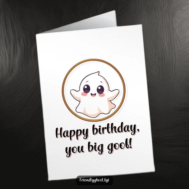 Funny Free Printable Birthday Card: A giggling ghost with big eyes floats through a hoop, celebrating fun. Gymnastics theme.