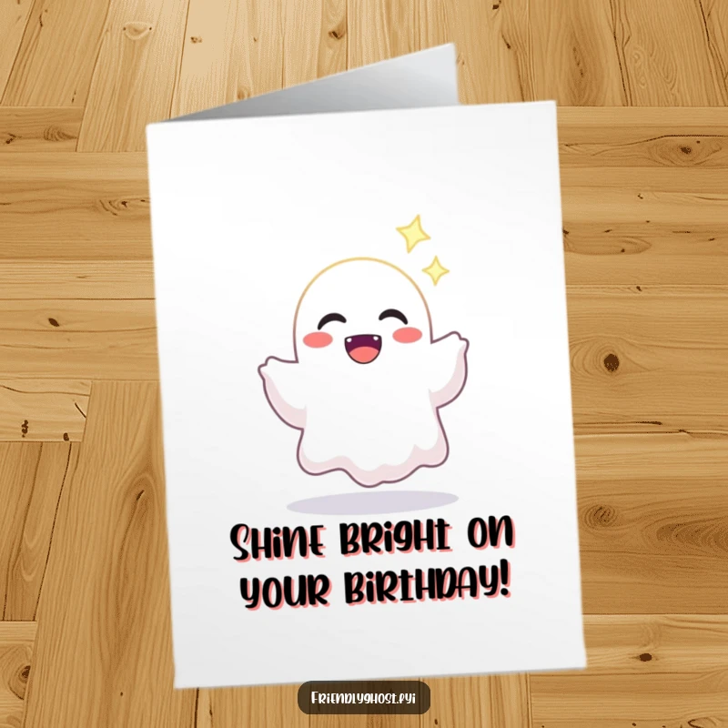 Funny Free Printable Birthday Card: A joyful ghost offers a sparkling light, spreading birthday cheer. Warm gift.