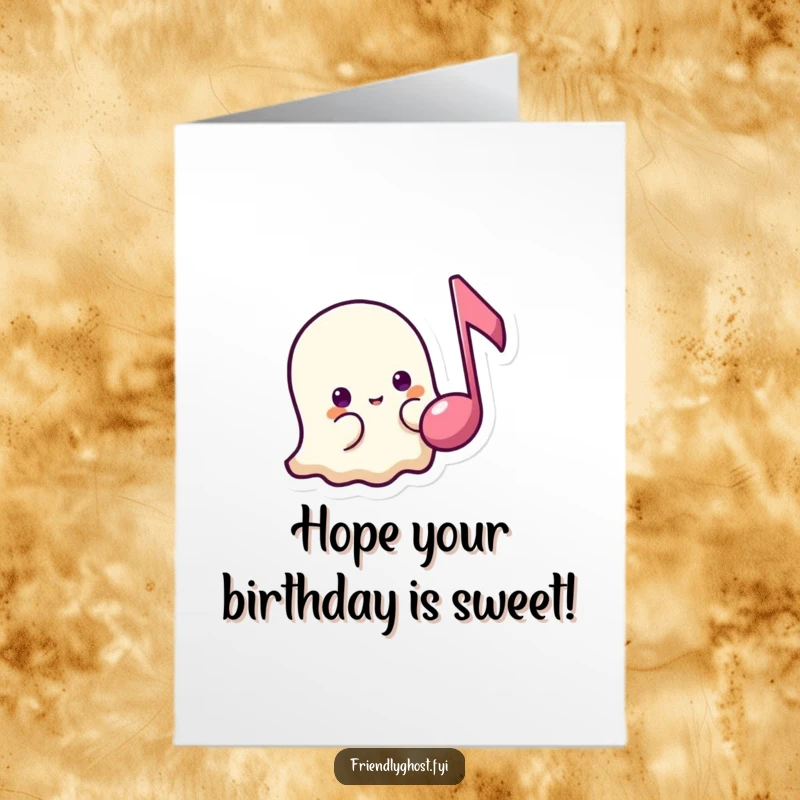 Funny Free Printable Happy Birthday card: a shy ghost peeks from behind a floating music note, offering a sweet and humorous wish.