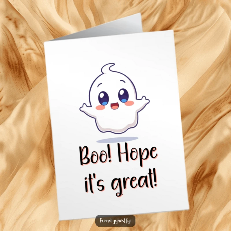 Funny Free Printable Birthday Card: A startled ghost with wide eyes jumps with delight, perfect for a humorous greeting.