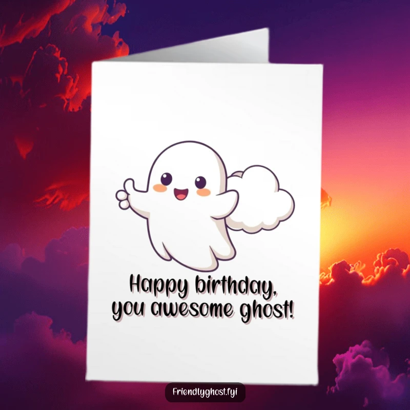Funny Free Printable Birthday Card: A happy ghost gives thumbs up beside a cloud, celebrating a birthday. Cheerful gift.