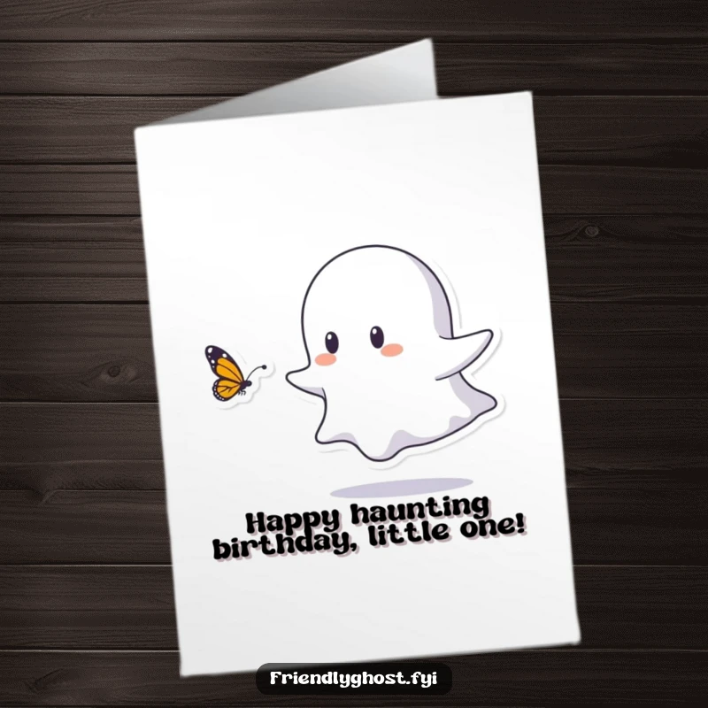 Free Printable Birthday Card: Small ghost playfully chasing a butterfly with sheer delight, a whimsical and funny downloadable.