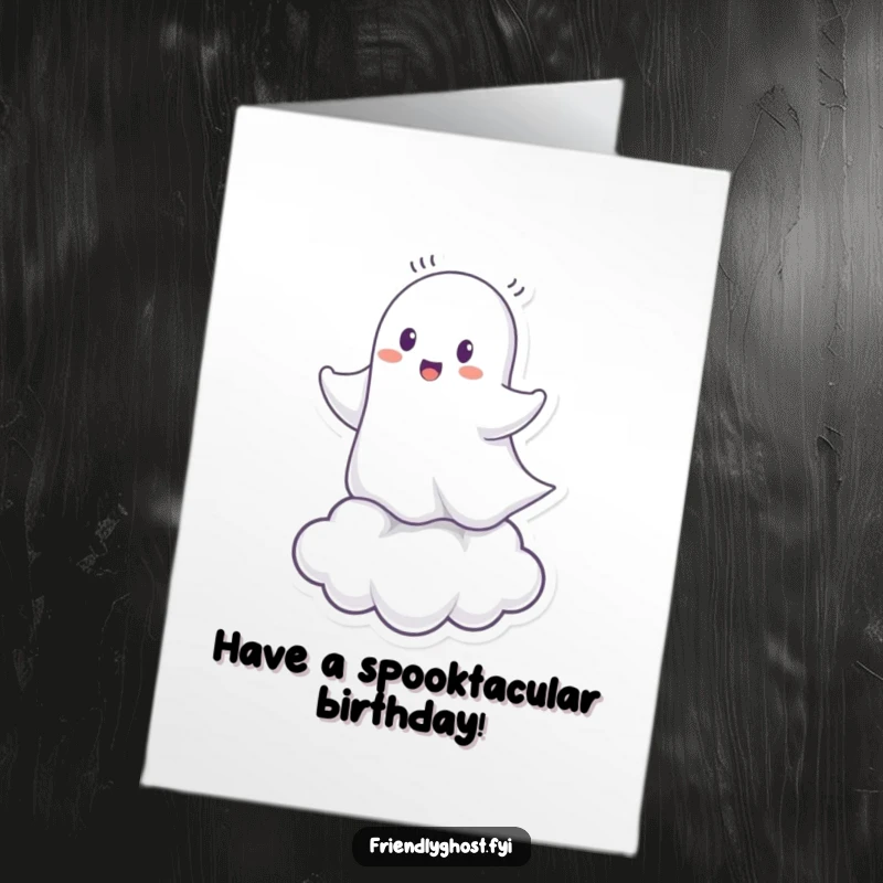 Funny Free Printable Birthday Card: Cheerful ghost character joyfully riding a small, whimsical cloud, spreading birthday cheer, DIY.