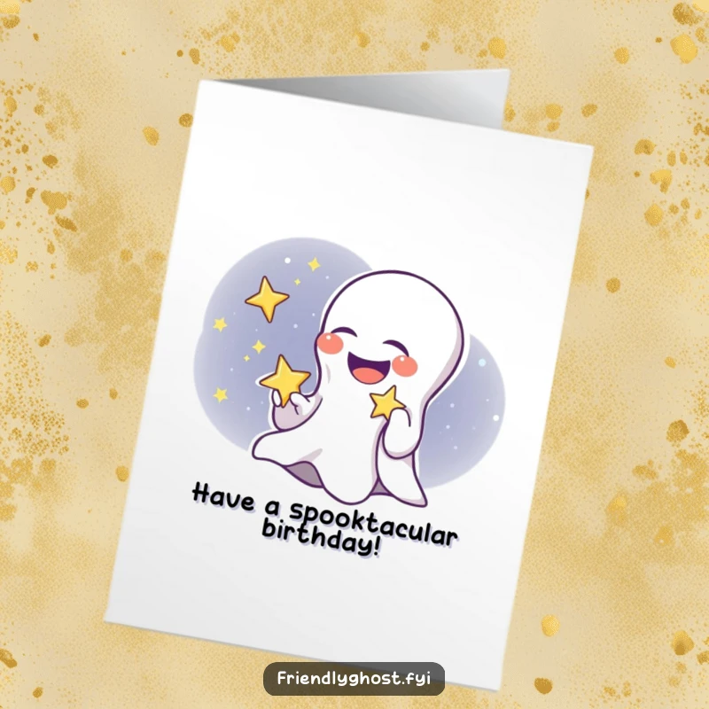 Funny Free Printable Birthday Card: A giggling ghost child holding a bright, twinkling star, perfect for a whimsical birthday.