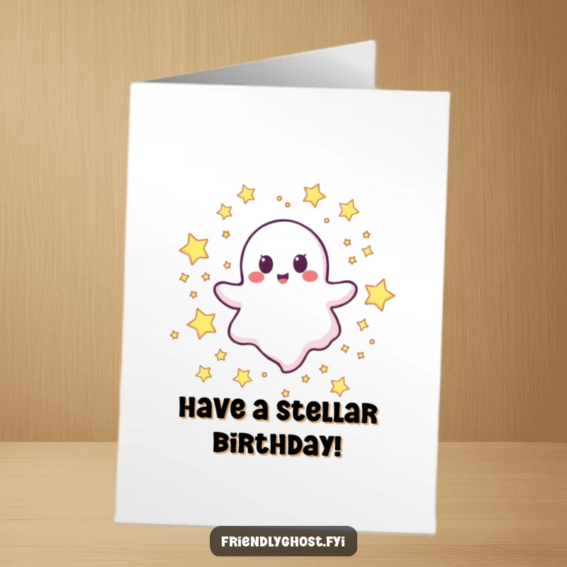 Funny Free Printable Birthday Card: A joyful ghost character blissfully floating through a dark sky filled with twinkling stars.