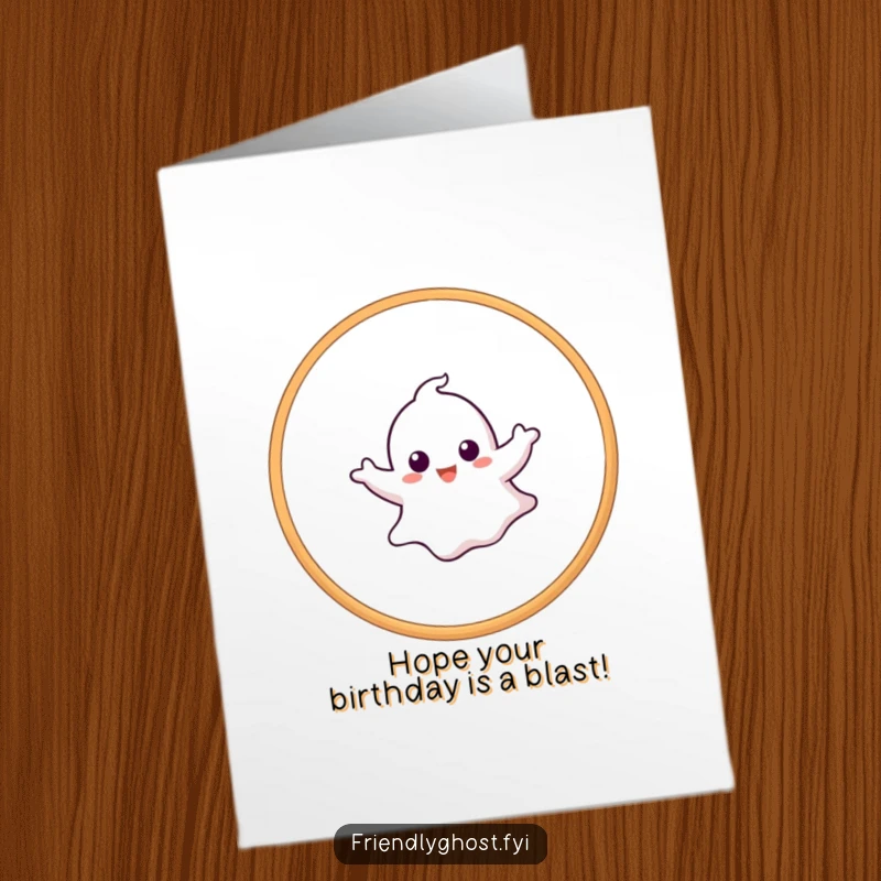 Funny Free Printable Birthday Card showing a ghost effortlessly floating through a hoop, capturing a moment of playful celebration and achievement.