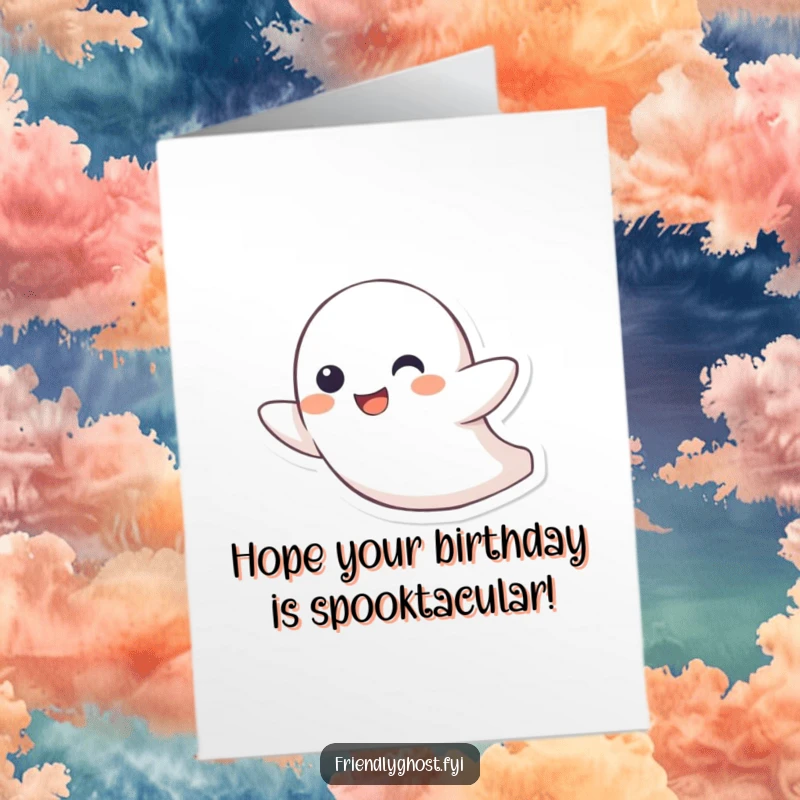 Funny Free Printable Birthday Card: A little ghost character joyfully zipping through the air with a mischievous grin, celebrating a birthday.