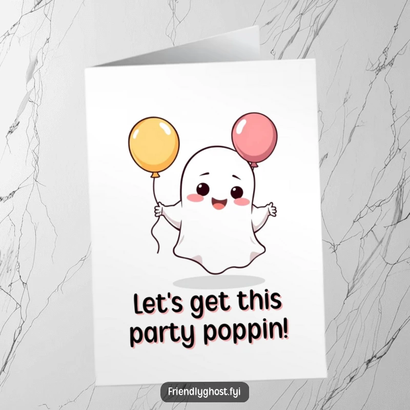 Funny Free Printable Birthday Card: A sheet ghost character giggling wildly while doing a silly dance holding a colorful balloon.