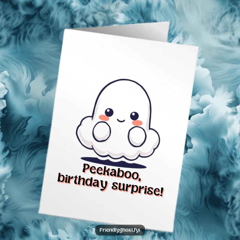 Funny Free Printable Birthday Card of a shy ghost character peeking from behind a tiny, smiling cloud.