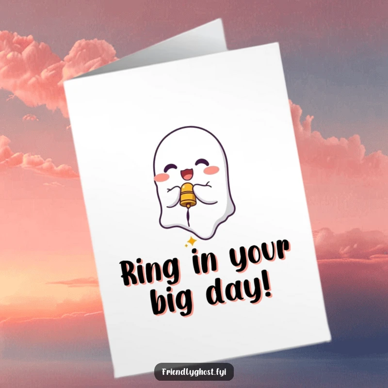 Funny Free Printable Birthday Card: Delighted ghost character joyfully ringing a small, tinkling bell, signaling happy birthday wishes, DIY.