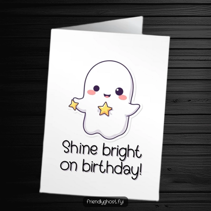 Funny Free Printable Birthday Card: A playful ghost character gleefully holding a small, shimmering, sparkling star.