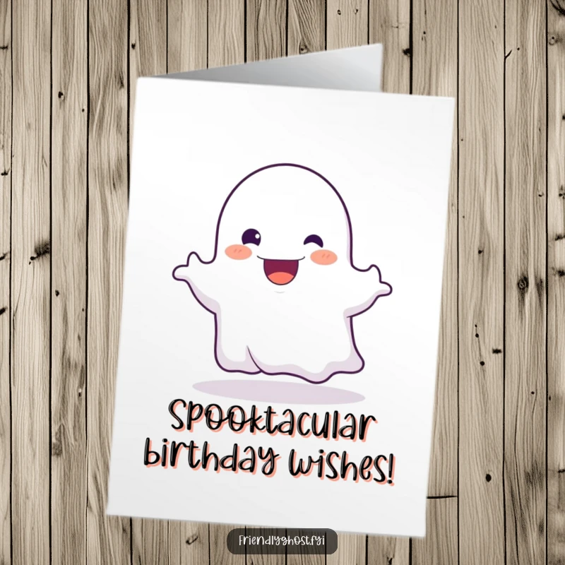 Funny Free Printable Birthday Card featuring a friendly ghost character playfully booing with a wide, happy grin.