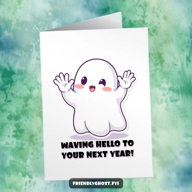 Funny free printable birthday card: a happy ghost enthusiastically waves with its translucent hand.