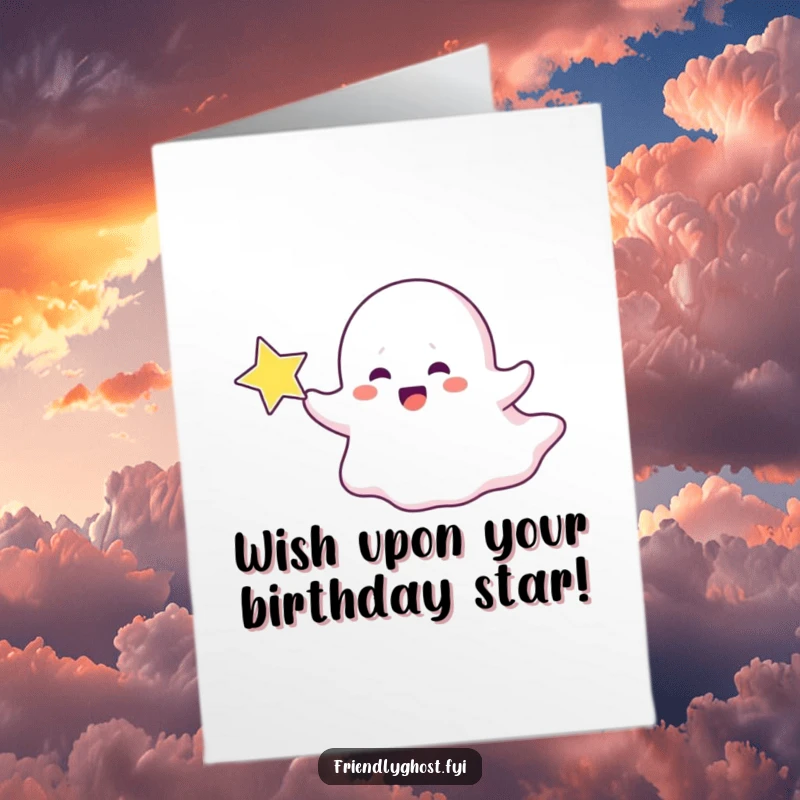 Funny Free Printable Birthday Card: A happy ghost character playfully chasing a sparkling star with pure joy and excitement.