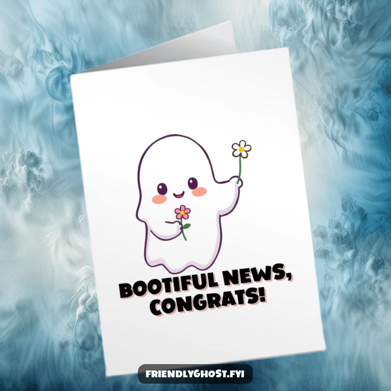 Funny Free Printable Congratulations Card showing a sweet ghost holding a flower, celebrating a wonderful achievement with a friendly smile.