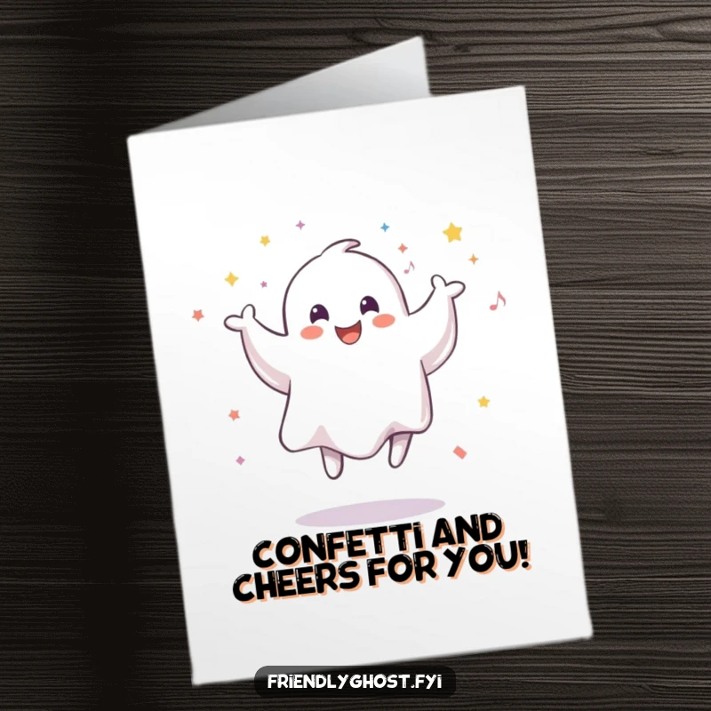 Funny Free Printable congratulations card featuring a happy ghost mid-jump, surrounded by a delightful cascade of confetti.