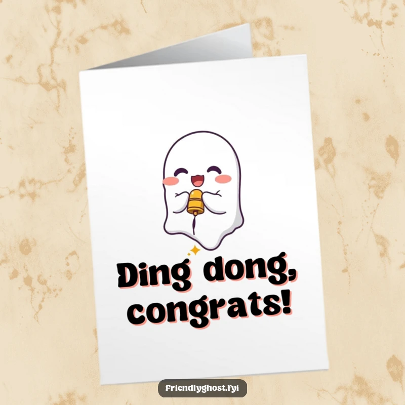 Funny Free Printable Congratulations Card: Delighted ghost character ringing a small bell, celebrating a success with joyful, festive vibes, DIY.