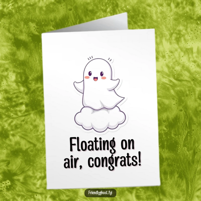 Funny Free Printable Congratulations Card: Cheerful ghost character joyfully riding a tiny cloud, celebrating success, a whimsical and uplifting DIY.