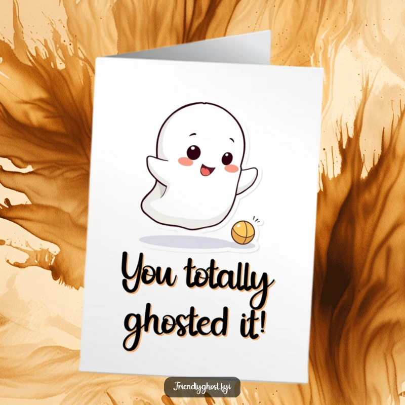 Funny Free Printable Congrats Card: A small ghost with a cheeky grin energetically bounces a ball, celebrating your achievement with playful mischief.