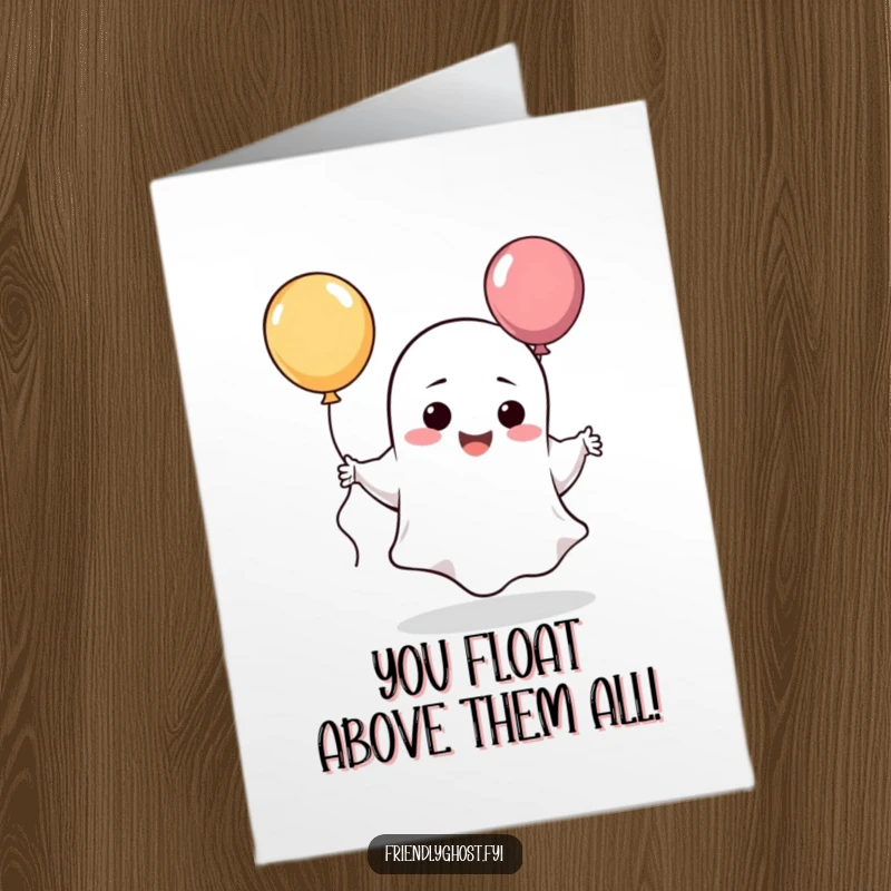 Funny Free Printable Congrats Card: A sheet ghost character in a goofy dance pose, playfully clutching a bright balloon.