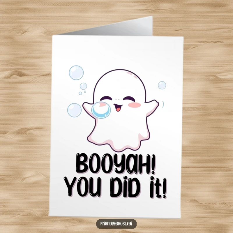 Funny Free Printable Congratulations Card: A friendly ghost emits a stream of shimmering bubbles from its mouth, celebrating a grand occasion.