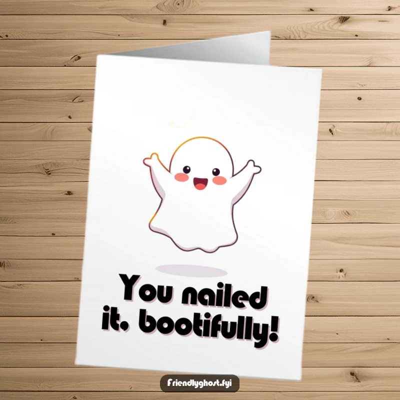 Funny Free Printable Congratulations Card: Ghost performing a cartwheel in a sunbeam, symbolizing joyous achievement.
