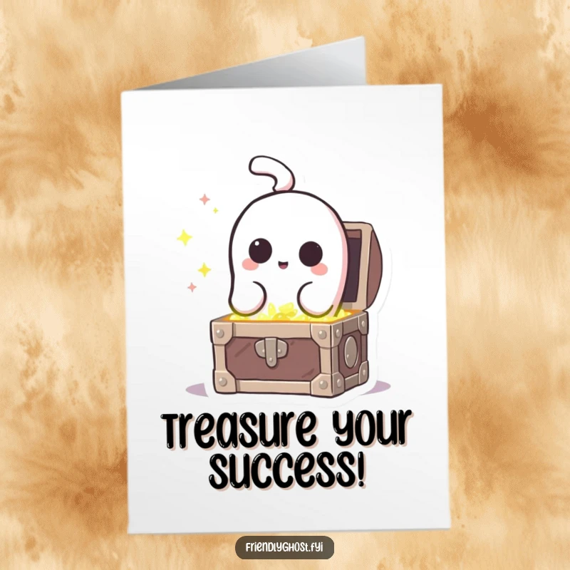 Funny Free Printable Congratulations Card: Ghost peering into a treasure chest, symbolic of earned rewards.