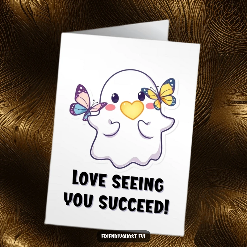 Funny Free Printable Congrats Card: A kind ghost character presenting a warm, luminous heart to a fluttering butterfly.