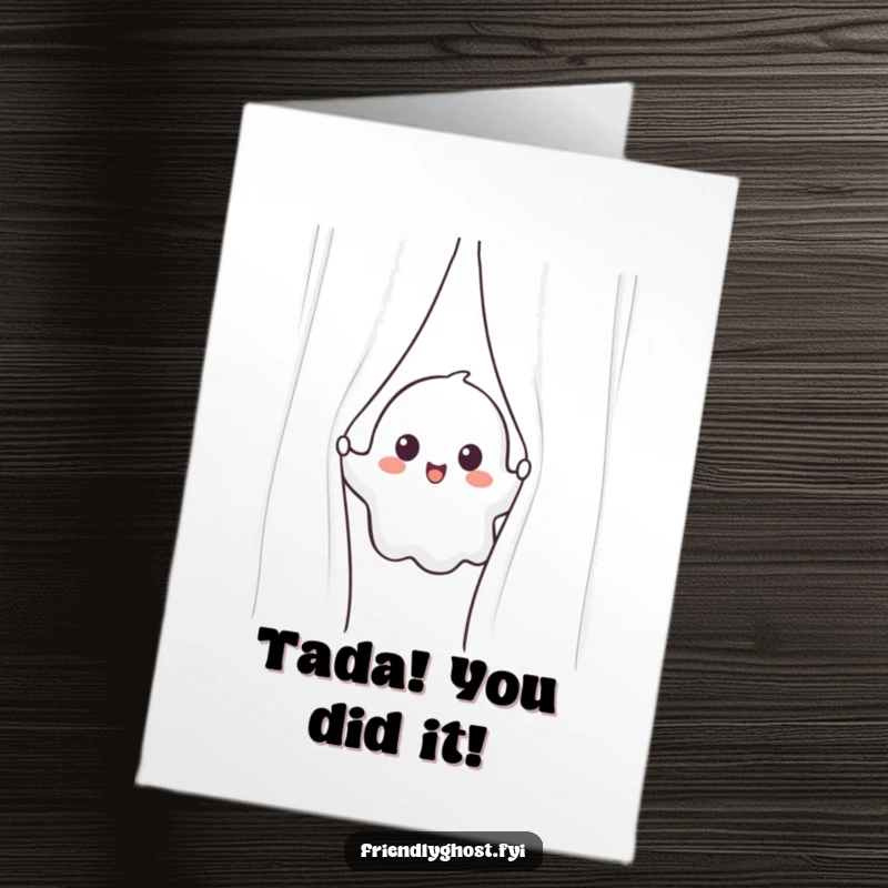 Funny Free Printable Congrats Card: A smiling ghost character curiously peeks out from behind a shimmering curtain, celebrating a wonderful achievement, print at home.