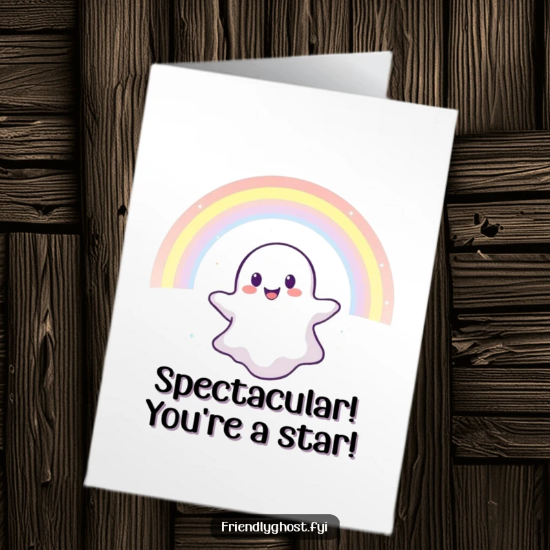 Funny Free Printable Congratulations Card: A happy ghost cheerfully floats along a brilliant rainbow, symbolizing a successful and colorful journey.