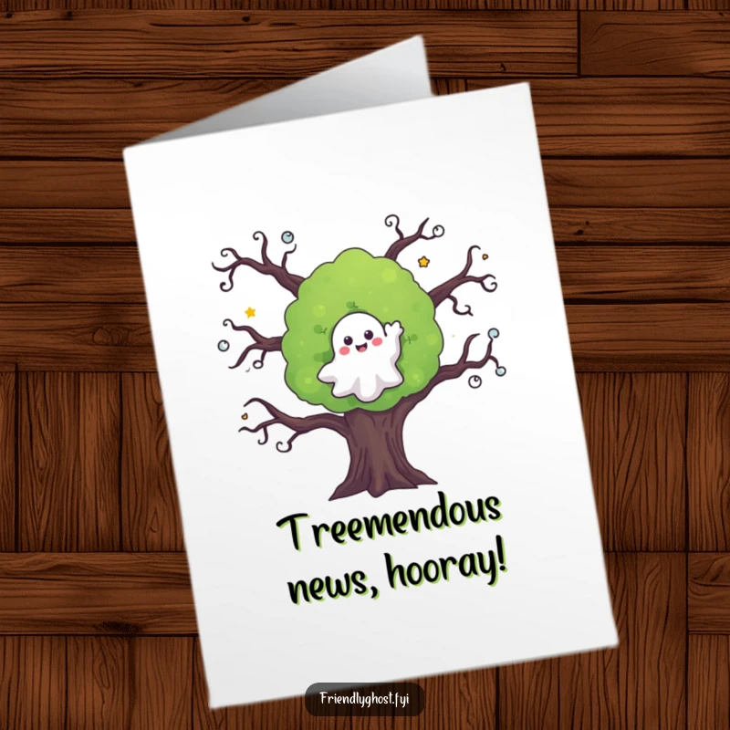 Funny Free Printable Congratulations Card showing a friendly ghost waving from a spooky tree, conveying congratulations with a whimsical farewell.