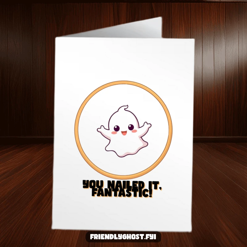 Funny Free Printable Congratulations Card depicting a skilled ghost gracefully floating through a hoop, celebrating a remarkable accomplishment with flair.