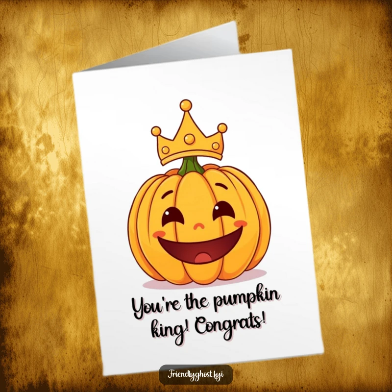Funny Free Printable Congratulations Card: Surprised pumpkin wearing a tiny lopsided crown, a regal and humorous way to congratulate.