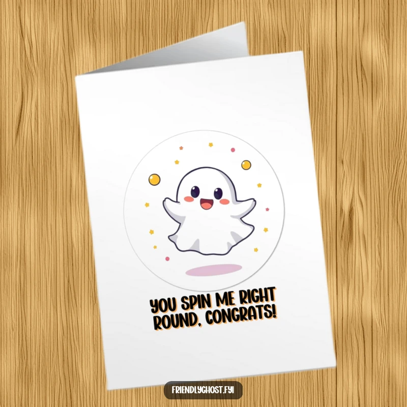 Funny Free Printable Congrats Card: Round ghost spinning joyfully, perfect for a hilarious and celebratory DIY gift.