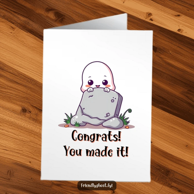 Funny Free Printable Congratulations Card: A cute ghost peeking from behind a tombstone, ideal for humorous congratulations.