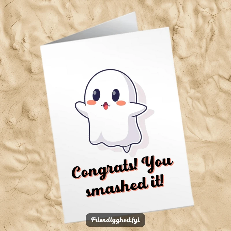 Funny Free Printable Congratulations Card: A surprised ghost character trying to pass through a wall, perfect for congratulations.