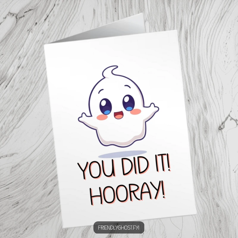 Free Printable Congratulations Card: A wide-eyed, surprised ghost leaps with excitement, ideal for an amusing congratulatory message.