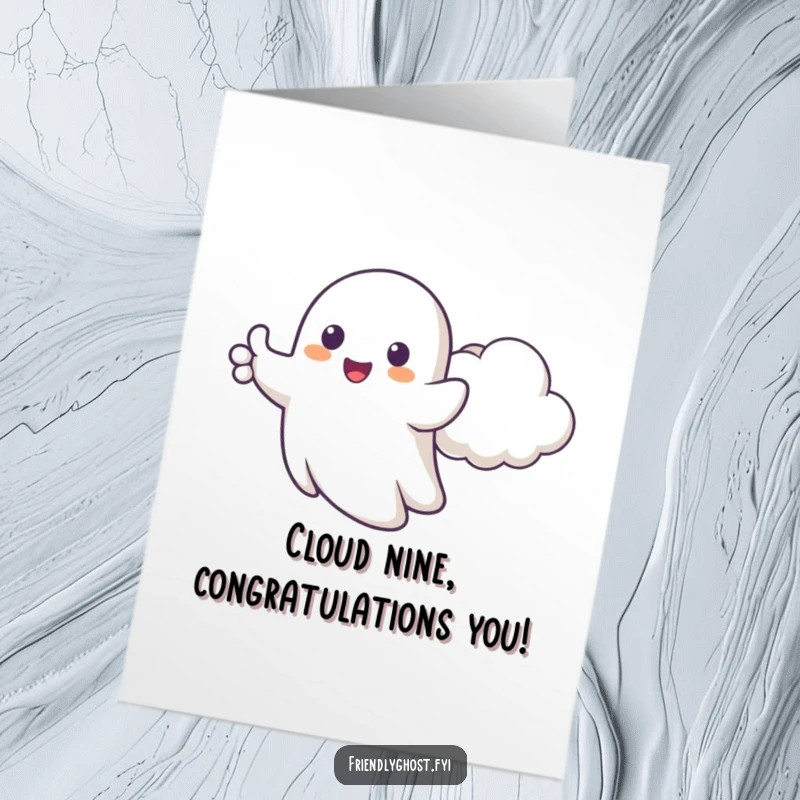 Funny Free Printable Congratulations Card: A happy ghost gives thumbs up near a cloud, celebrating success. Happy downloadable art.