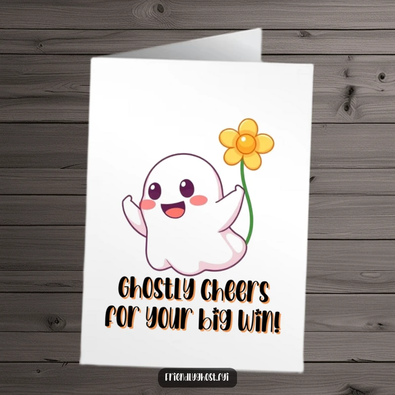 Funny Free Printable Congratulations Card: A happy ghost with a wide grin boops a floating flower, celebrating achievement. Downloadable art.