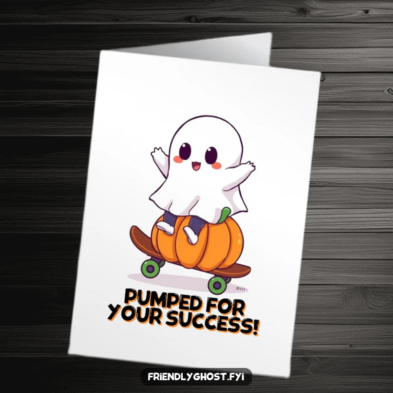 Funny Free Printable Congratulations Card showing a ghost skateboarding on a pumpkin, celebrating achievement with a cool and quirky style.