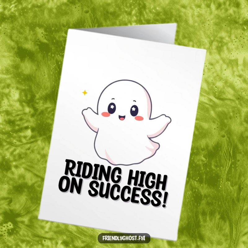 Funny Free Printable Congrats Card: A ghost with sparkling eyes happily glides along a gentle breeze, celebrating an amazing achievement, print at home.