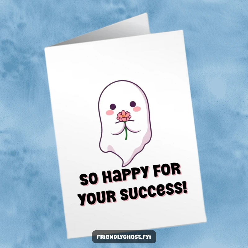 Funny Free Printable Congratulations Card: Gentle ghost floating with a blooming flower, symbolizing new beginnings, downloadable gift.