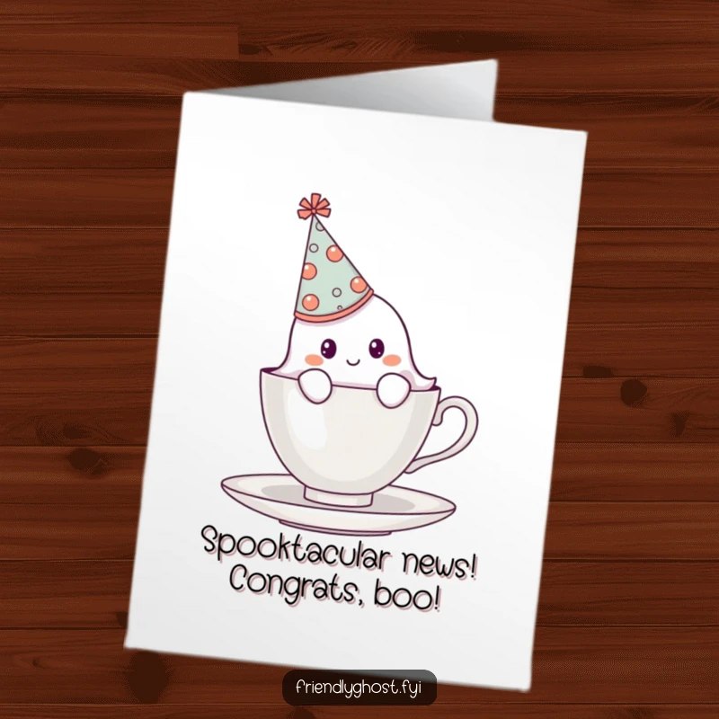 Funny Free Printable Congratulations Card: Shy ghost behind teacup, a sweet and humorous way to say congrats.