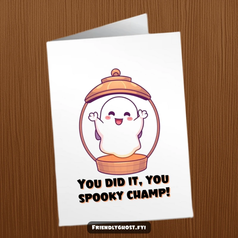 Funny Free Printable Congratulations card: a cheerful ghost waves from a glowing lantern, perfect for celebrating successes with humor.