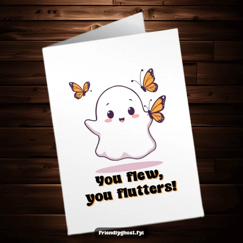 Funny Free Printable Congrats Card: A ghost's surprised face as a butterfly alights, symbolizing unexpected joy.
