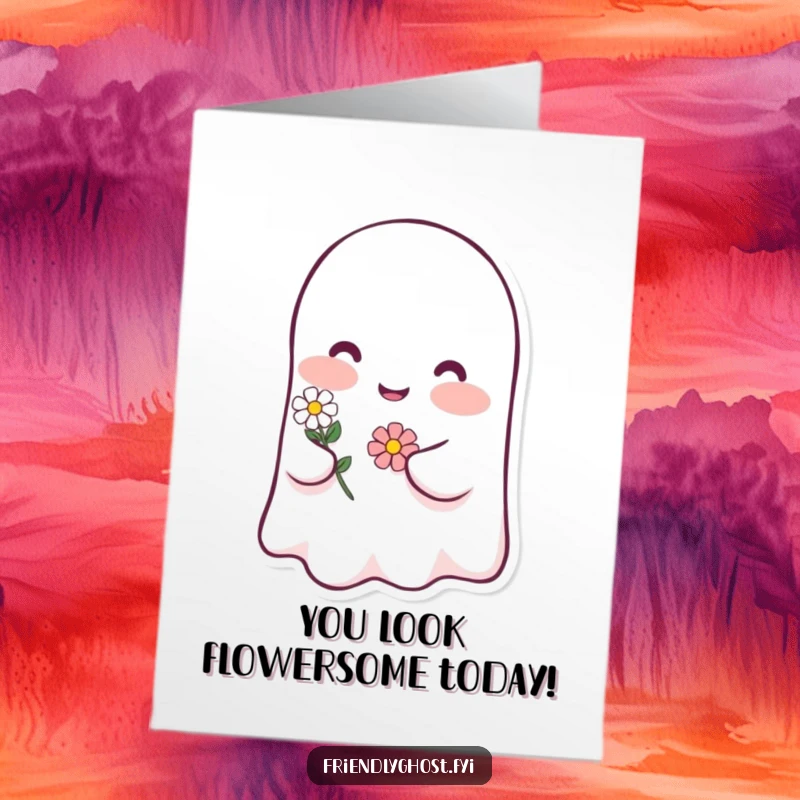 Funny Free Printable Congratulations Card: A happy ghost character blushing softly pink, holding a tiny, sweet flower.