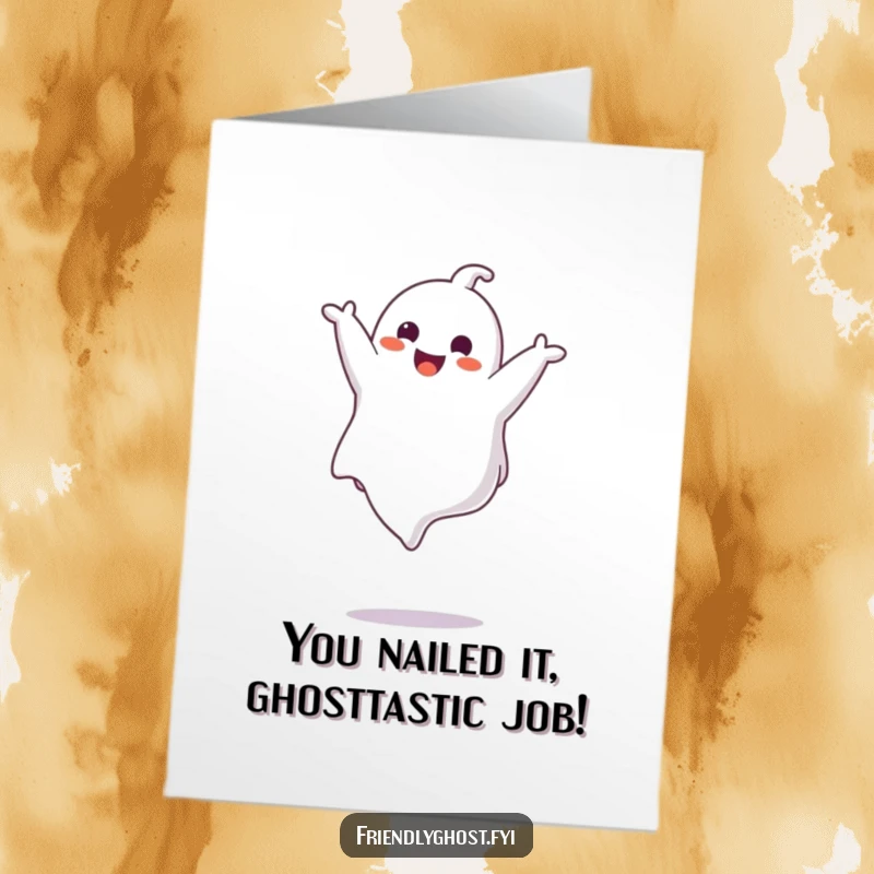 Funny Free Printable Congratulations Card: A joyful ghost performs a gentle mid-air somersault, celebrating your big win.