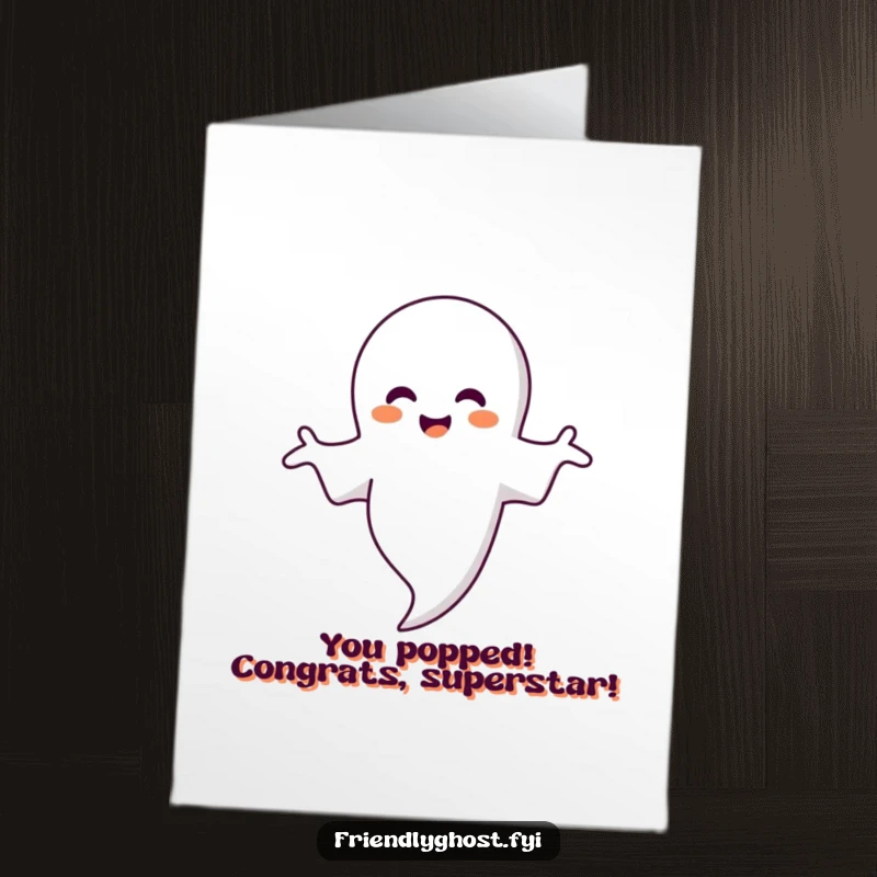 Funny Free Printable Congrats Card: A happy ghost character with open arms hugs a large, iridescent bubble, celebrating success, print at home.