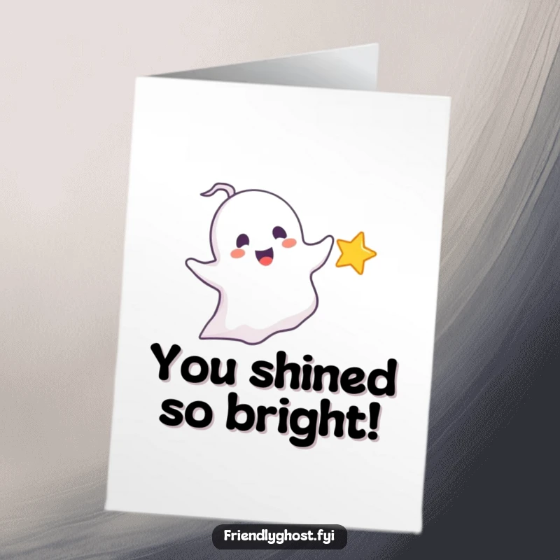 Funny Free Printable Congratulations card: a delighted ghost playfully chases a sparkling star, a fun way to celebrate success.