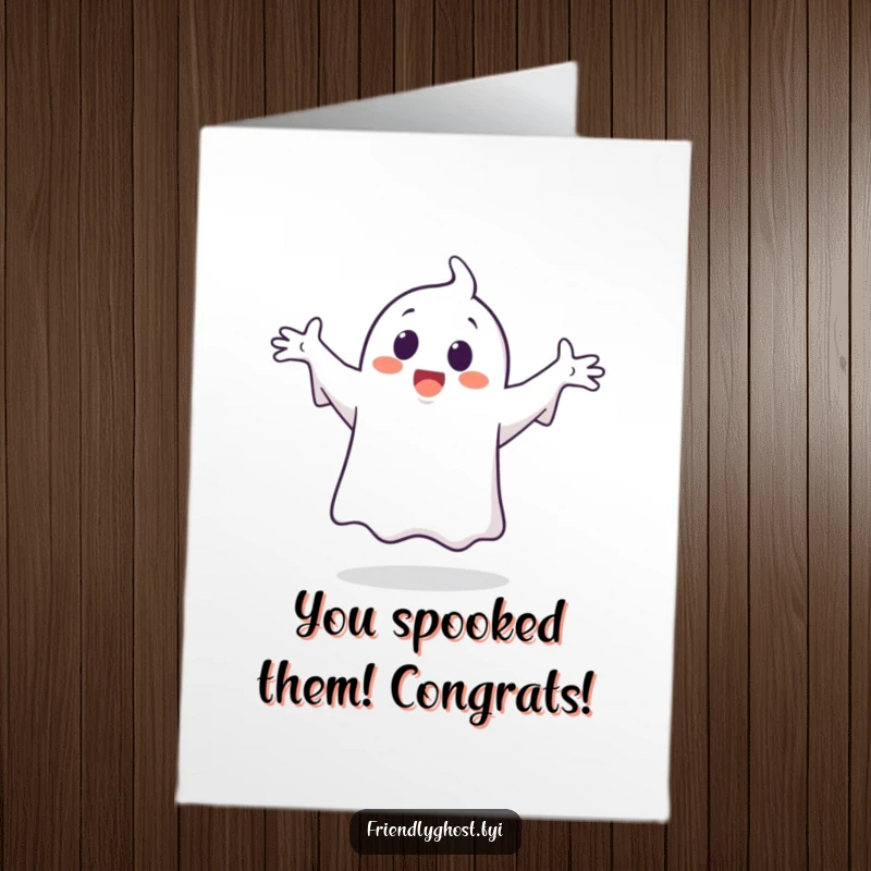 Funny free printable congratulations card with a happy ghost dancing wildly, arms out, celebrating your fantastic news.